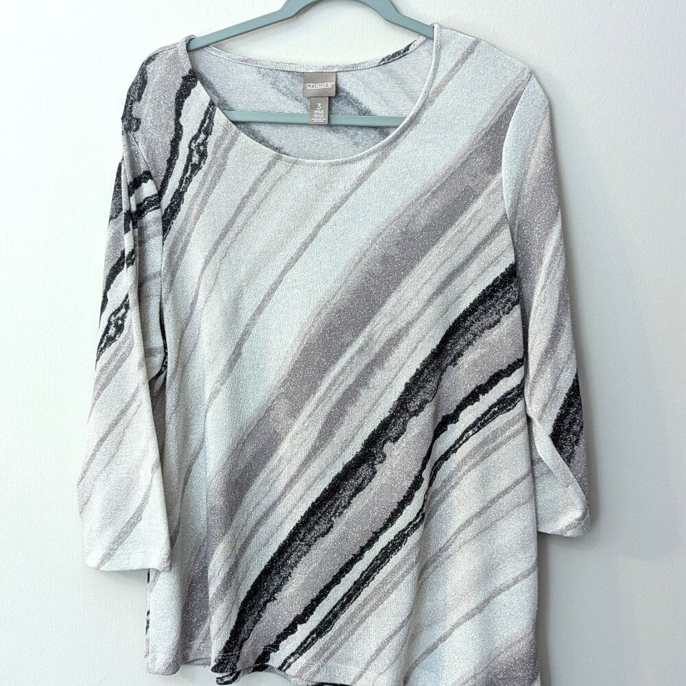 Chico's Women's Gray Marble Striped Lightweight Knit Top. Size 3 (XL/16)